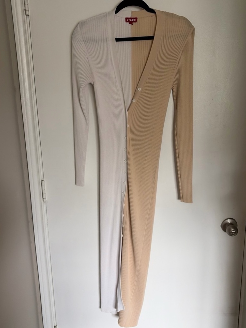 STAUD Ribbed Two-Tone Button-Front Maxi Dress in Cream & Tan